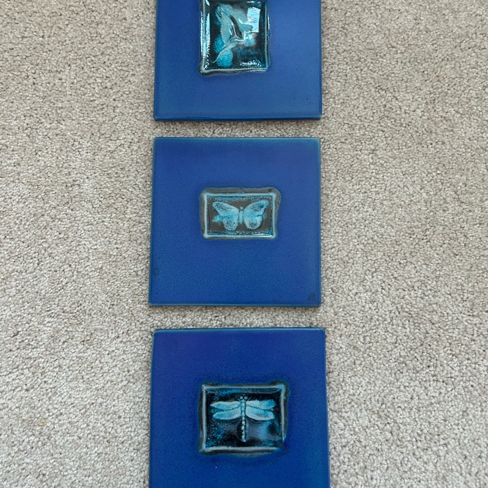Set of Three Blue Butterfly, heron, and Dragonfly Tiles